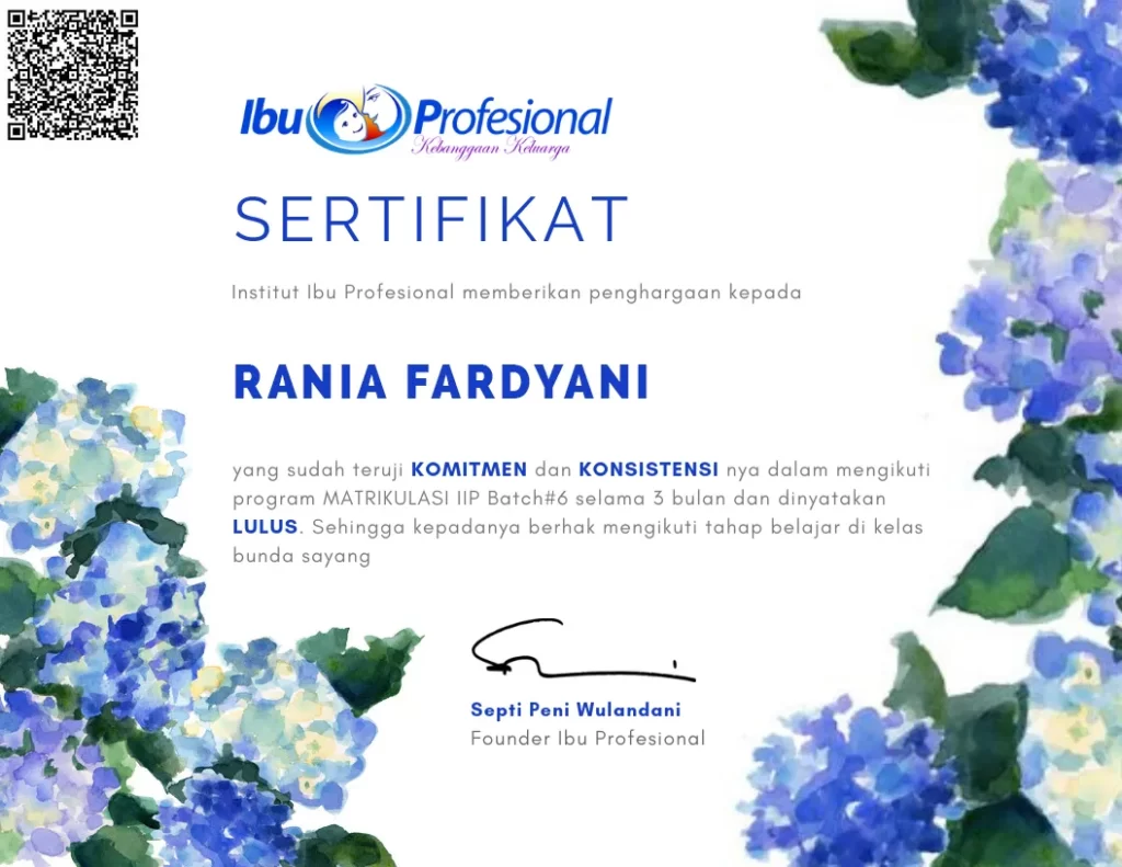 sertifikat kelulusan kelas matrikulasi ibu profesional